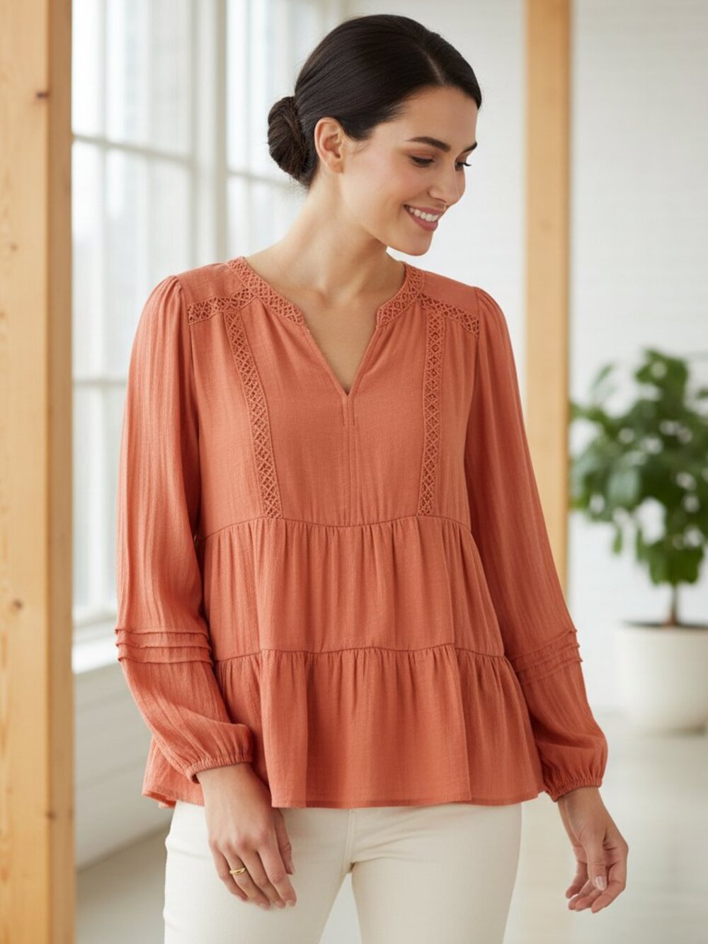Zac & Rachel M Coral Orange Lace Tiered Top Cottage Peasant Boho Babydoll